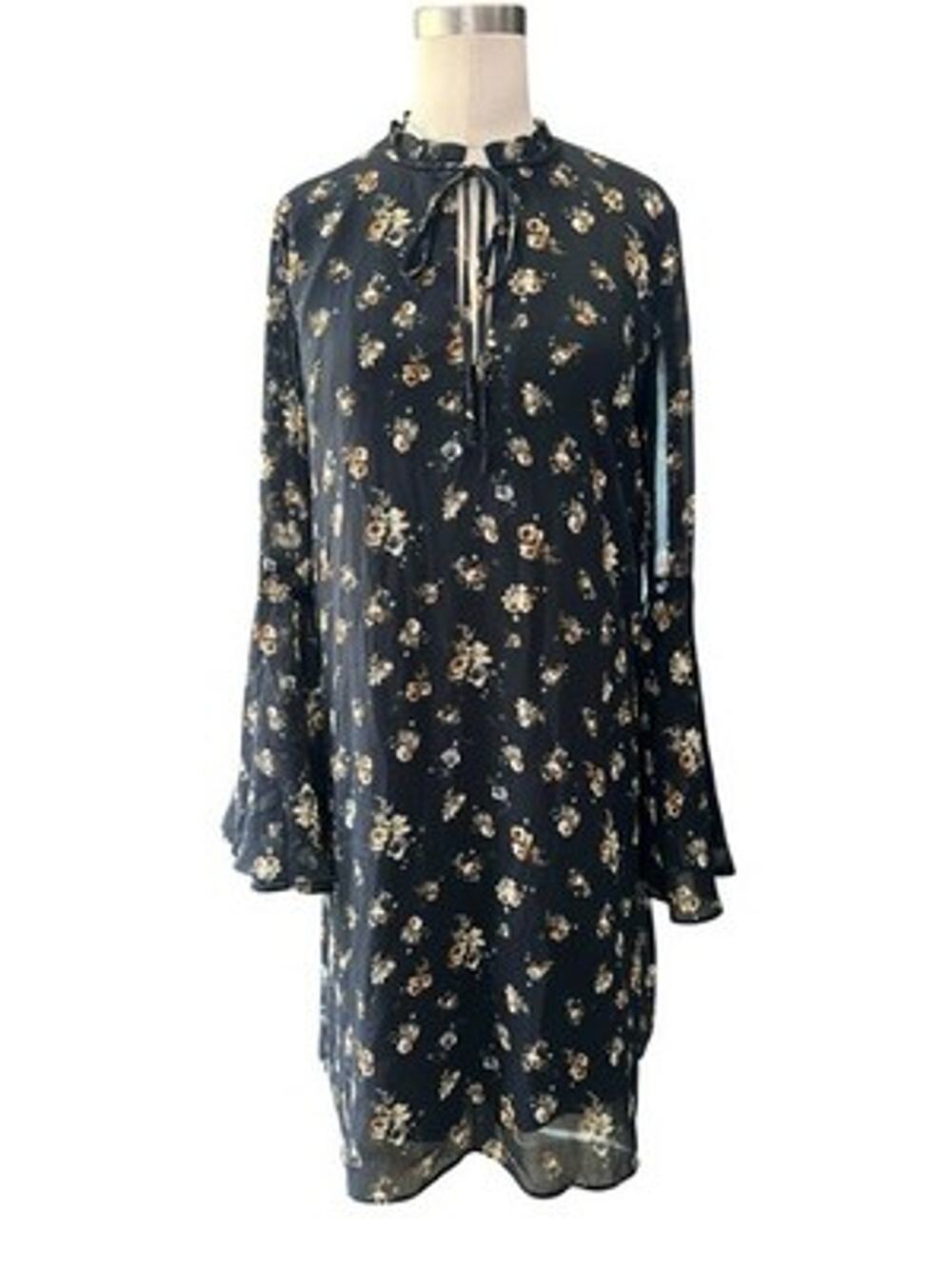Philosophy Black Floral Chiffon Shift Dress Sz Small Tie Keyhole Flutter Sleeve